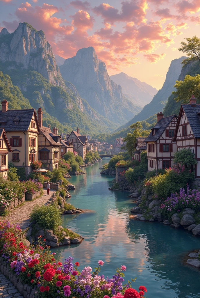 A small town by the river, mountains in the background, colorful floral flowers, detailed landscape, beautiful natural landscapes, atmospheric lighting, scorching sunset, warm colors, practical, photographic, detailed foliage, complex buildings, cobblestone street, charming country house, vibrant colors, lush vegetation, reflections in the water,  picturesque, idyllic, artwork, photos, 8K, extremely detailed, anime style