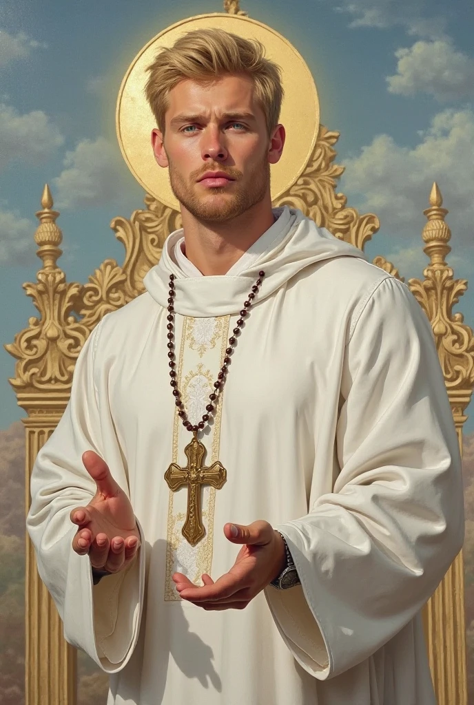 REALISTIC OIL PAINTING, He is Russian , porcelain skin. A blond man, He is royal, He is muscular, has green eyes. He wears a white priest's robe. sky background, It is very handsome. He has a rosary around his neck, He is 26 years old, it's lovely. His hands are open and there is a golden gate behind him.