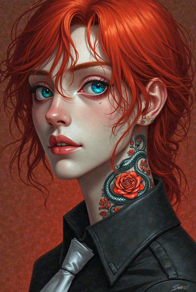 Sunrealistic style
A  man with delicate facial features.
His hair is scarlet red.His eyelashes are scarlet red and his Sejas are scarlet red.
His right eye is cyan and his left eye is royal blue.
Pale skin and long wavy hair.

He wears a tie and black shirt.

He has a tattoo of a snake surrounding a rose that goes from his neck to his shoulder. 
He has two piercings on his lips.