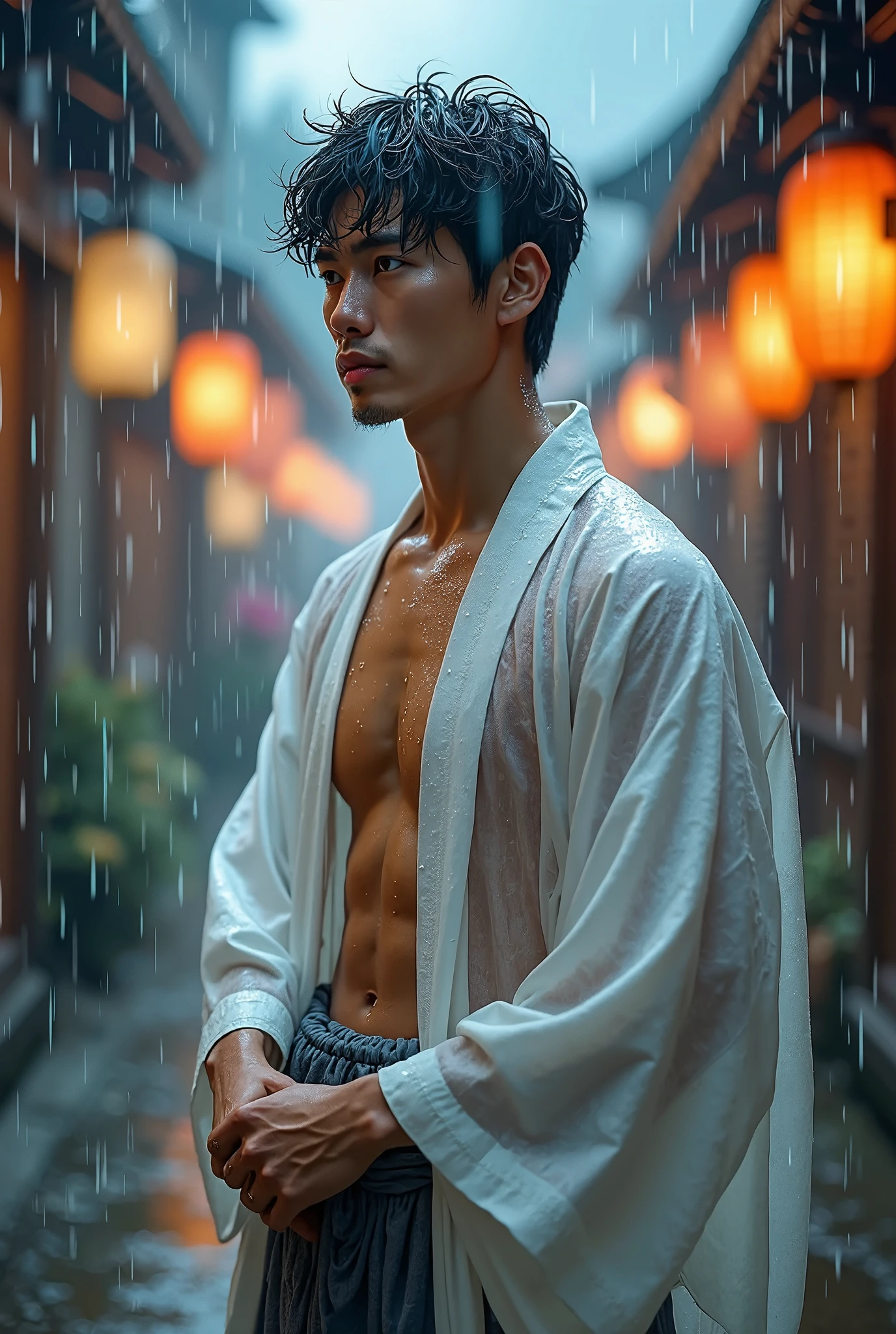 (Photorealistic:1.4, ultra realistic, best quality, 4k, masterpiece:1.2, 8K UHD, RAW Photograph, Photorealistic Portrait Leica Digital SLR, Lifelike images, make this image a true masterpiece), Soft raindrops, a young handsome Japanese man is standing out in the rain set in a traditional Japanese town, His wet and white transparent kimono clings to his wet body parted just enough to reveal the chiseled lines of his chest and abs, his hair is soaking wet, wet glistening skin with water droplets running down, The lantern-lit streets behind him are blurred by the misty veil of rain turning the world into a painting of deep blues and golds, His gaze is distant, lost in the rhythm of falling water, full body shot.