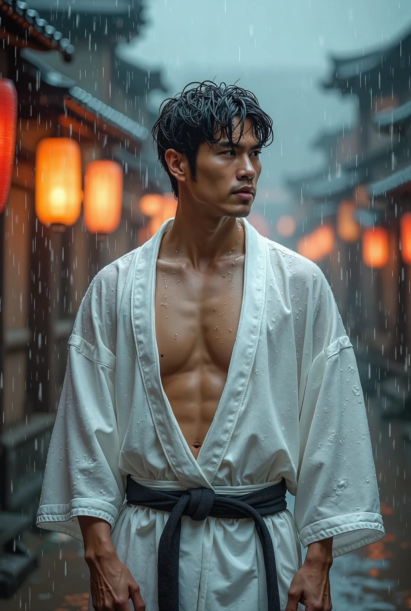 A handsome Japanese man relaxes, takes off his shirt, soaked in sweat, a samurai with a dragon tattoo, rural atmosphere.