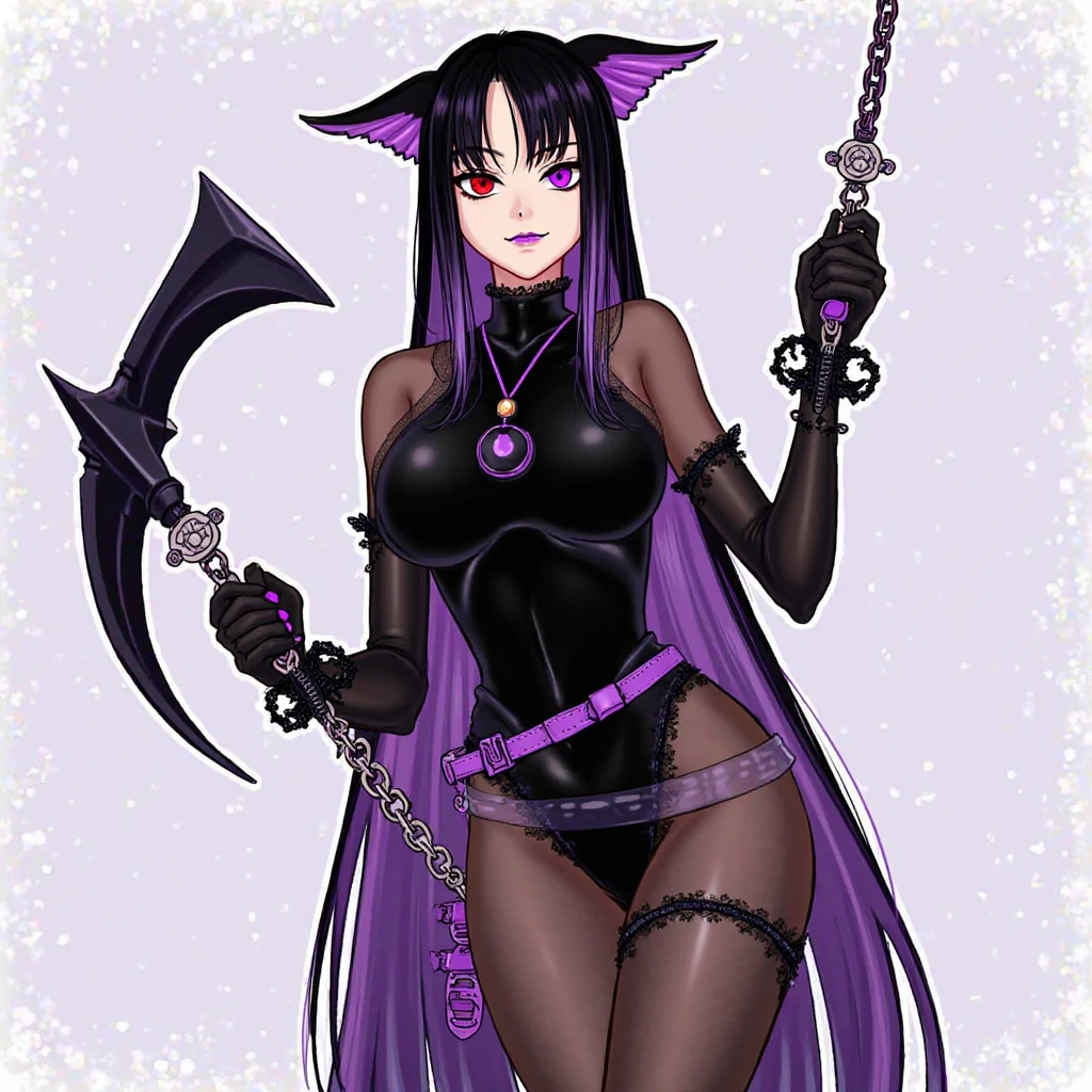 tieflng girl with purple skin, Long purple hair, gray small horns, high, god, in a black tunic, standing straight