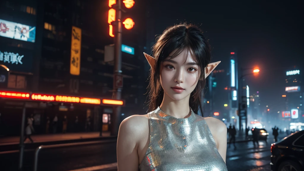  masterpiece,is of the best quality,high res, 8,000,(Portrait Photos:1.5),(R Original photo),Real Photos,Digital photography,(Cyberpunk style city streets，Bustling city streets，Neon sign，After the Rain，Mist，steam),(Female elves), 20 year old girl, random hairstyle,Through Bangs,( big breasts，Keep your mouth shut，Keep silent,Elegant and charming ,Smile，(cyberpunk style dress,Photo poses, Realisticstyle,  oc rendering reflective texture ， Upper Body Lens ，looks into the camera