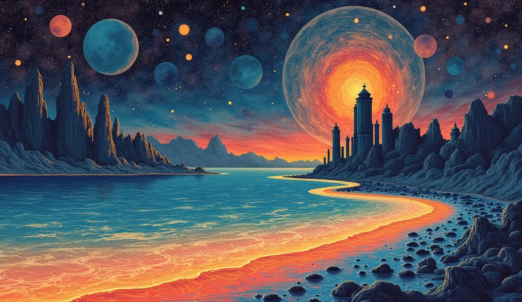 psycadelyc art of A tranquil seascape awash with vibrant, swirling colors, evoking a sense of cosmic harmony and wonder. Merge the timeless elegance of soft, neutral tones with the avant-garde essence of LSD poster art, 