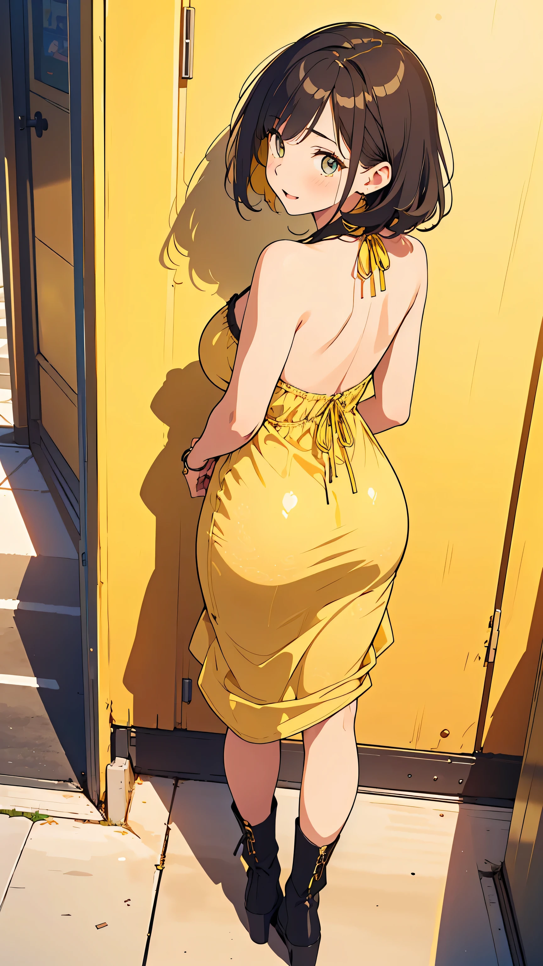 (masterpiece,best quality,absurdres,beautiful,aesthetic,detailed),outside,garden,flowers,dappled sunlight,1girl, big booty,tsukumo yatsuhashi, hairband,brown eyes,yellow sundress,looking at viewer
