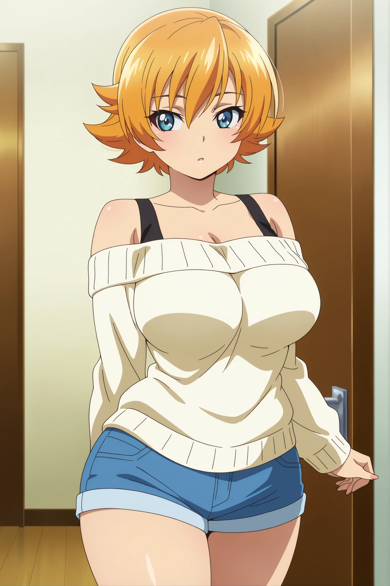 masterpiece,best quality, amazing quality, very aesthetic,anime screencap ,1girl, Igawa Sakura, orange hair, short hair, flipped hair, blue eyes, curvy, large breasts, thighs, off-shoulder sweater, short shorts, bare shoulders,