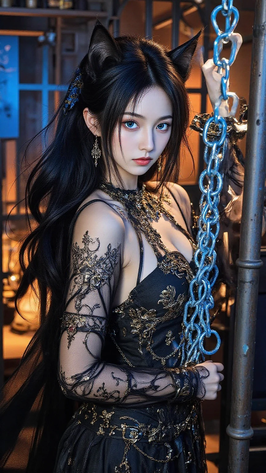 photorealistic, high resolution, soft light,1women, solo, hips up, (detailed face), jewelry, tattoo,black dress mafia clothing, black hair, super long hair, looking viewers, tatto, messy hair, close up, small breast, adult, seductive, boss, cool woman