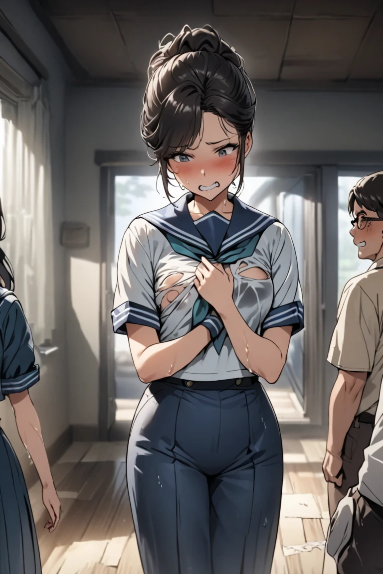 {1 female student}, nsfw, sitting on floor, lookingup, (((gangbang, 3boys))), ((Crying face)), Long black hair, mini skirt, (((cum)))