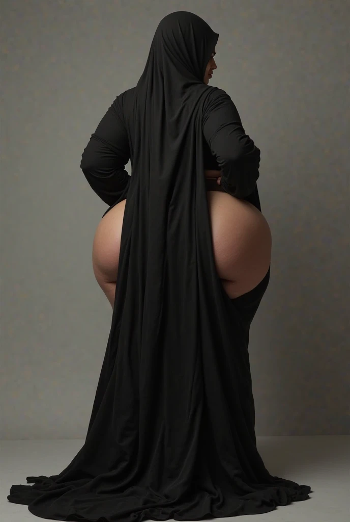  A veiled Arab girl shows off her big, round, naked butt and her slim body, wearing a brown dress.