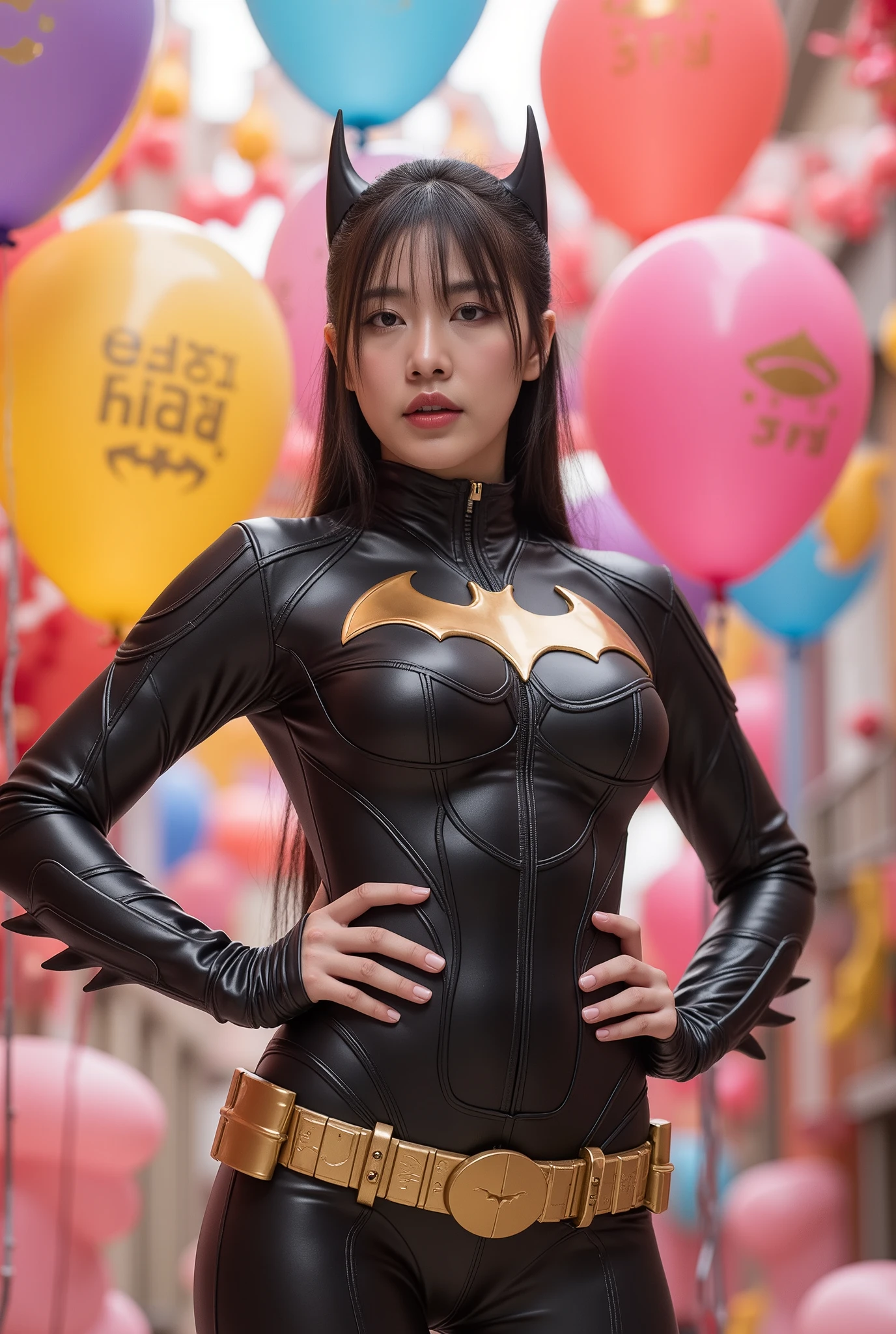 busty curvy super muscular korean female wearing batman rubber suit surrounded by balloons