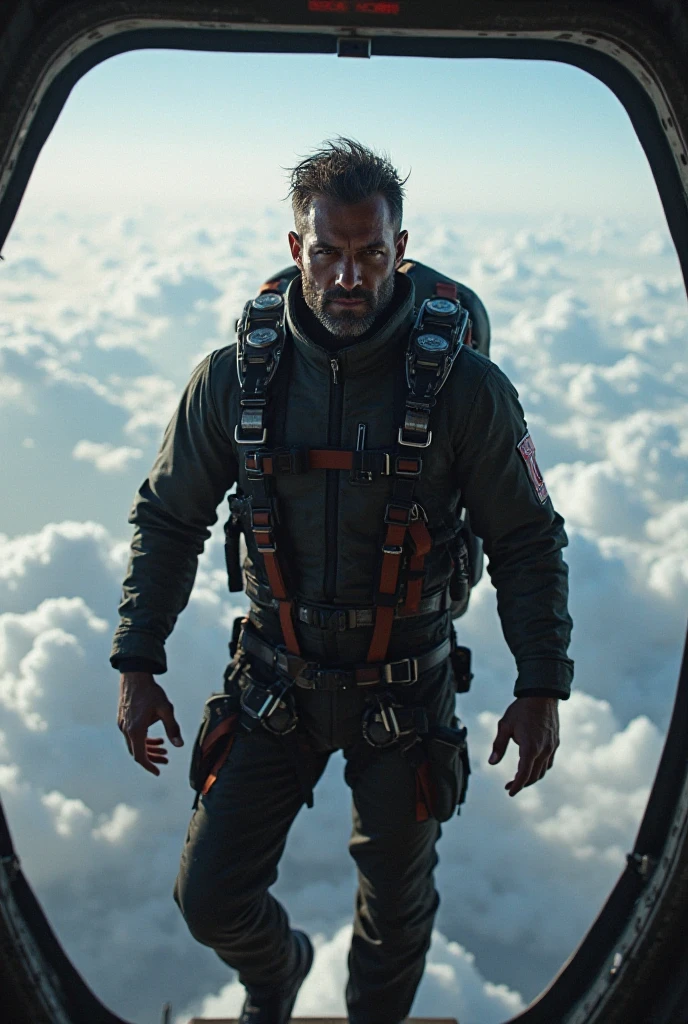 Realistic art of a man parachutist from the door of an airplane with his eyes closed in a concentrated way, expression of fear, preparing to make the parachute jump; scenery with sunny sky and in the heights; richness of details; 8k.