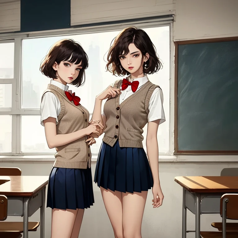 (masterpiece、Highest quality)、  beautiful illustrations  、Watching the audience、belas coxas、front view、((1 ))、maduro 、She looks like a 25-year-old student.、radiant skin、(short hair)、big eyes、long lashes、muito alto、  beautiful hair 、pretty face、pretty eyes、 beautiful 、belas coxas、 beautiful feet  、pretty fingers、(((brown knitted vest、Short sleeve white shirt and collar、 navy blue pleated skirt )))、((  red bow tie  ))、(In the classroom)、 They're standing、((sorrir))