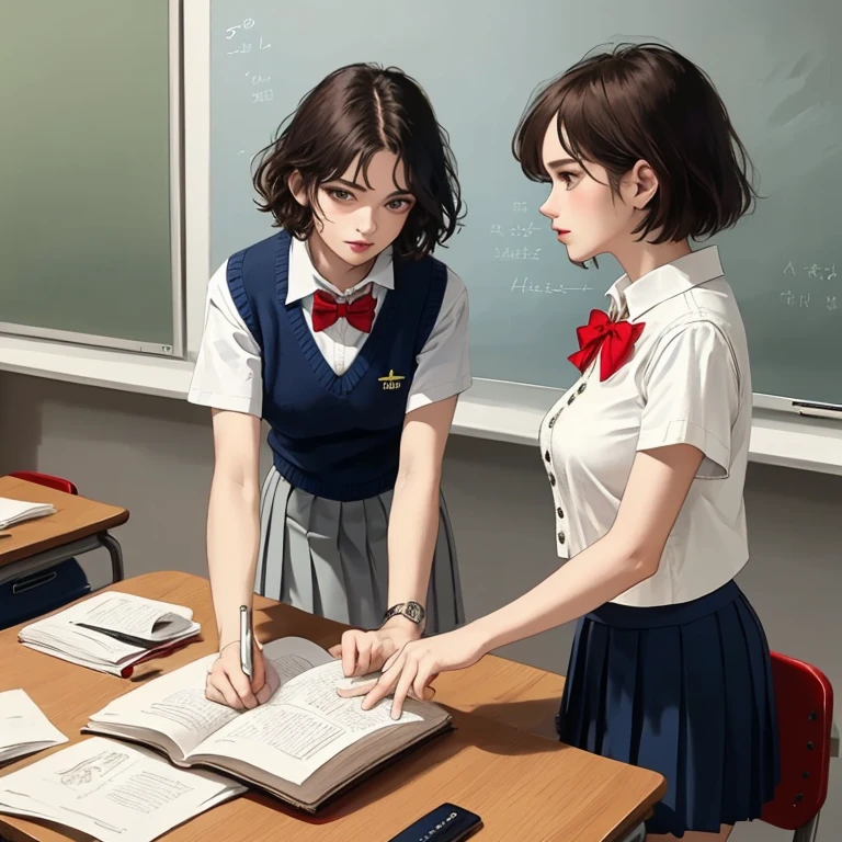 (masterpiece、Highest quality)、  beautiful illustrations  、Watching the audience、belas coxas、front view、((1 ))、maduro 、She looks like a 25-year-old student.、radiant skin、(short hair)、big eyes、long lashes、muito alto、  beautiful hair 、pretty face、pretty eyes、 beautiful breasts、belas coxas、 beautiful feet  、pretty fingers、(((brown knitted vest、Short sleeve white shirt and collar、 navy blue pleated skirt )))、((  red bow tie  ))、(In the classroom)、 They're standing、((sorrir))