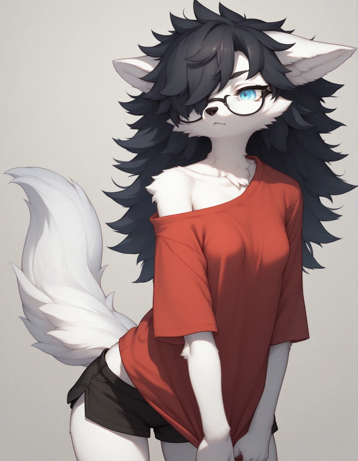 Solo, score_9,score_8_up,score_7_up, kemono style,  a young nerdy Anthro furry wolf woman, wolf snout, white furry body, tall, long black messy hair, black hair, hair in a pony tail, hair covering one eye, white wolf tail, blue eyes, white wolf ears, white wolf tail, small breasts, wearing oversized red shirt, exposed shoulder, black thick rimmed glasses, black short shorts