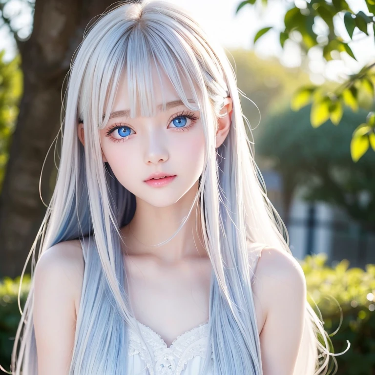 Highest quality, (Wide Shot), CGS Association, 8K, Ultra-realistic, masterpiece, Dark Elf Child, Gray Hair, blue eyes, White clothes, Black scarf, look up, Upper Body, hair, Dark Skin, Straight and loose hair