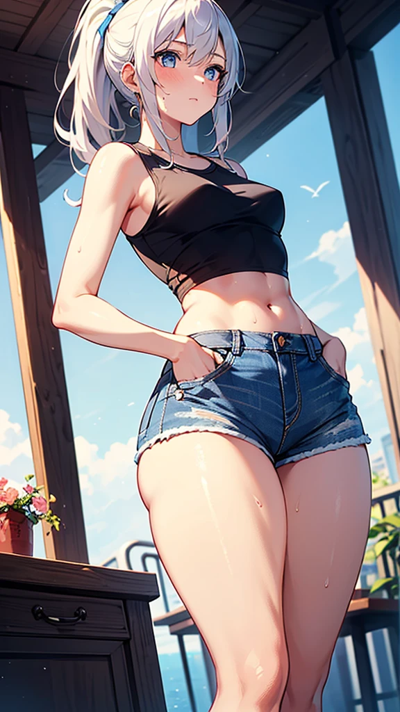 1girl, masterpiece, best quality, ultra detail, short straight black hair, pink lips, blue eyes, red cheek, looking at viewer, young, medium breasts, glasses, cleavage, denim shorts, whole body