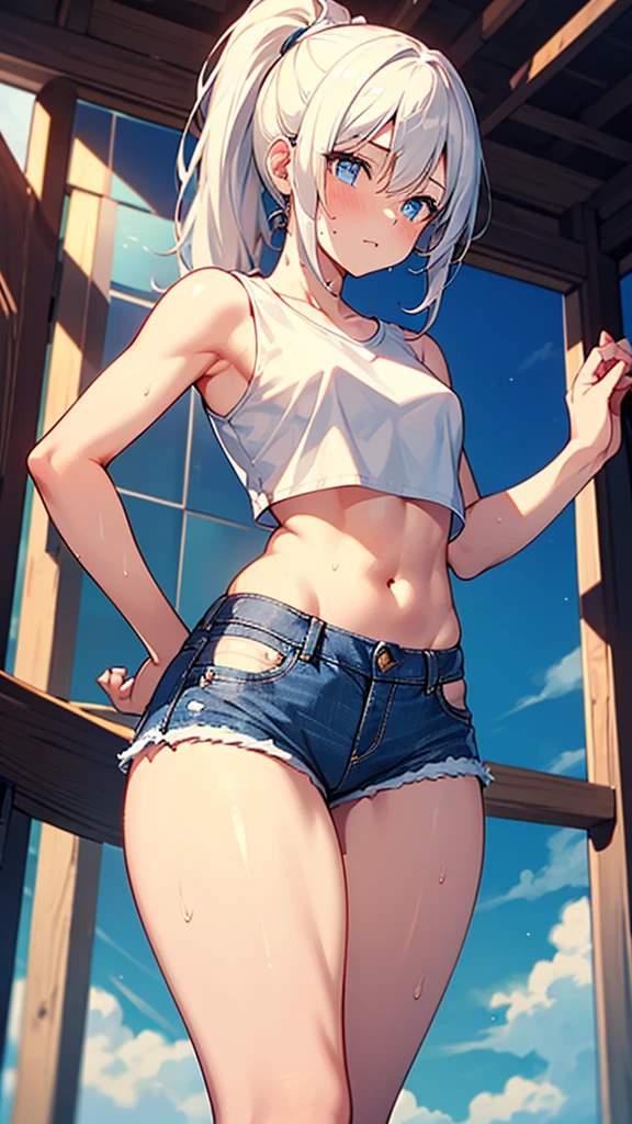 highest quality, masterpiece, Wallpapers by Unity 8k, (One Girl) , 17 years old、1girl,、Flat Chest、Short T-shirt、under boob、from below, blue sky、Outdoor