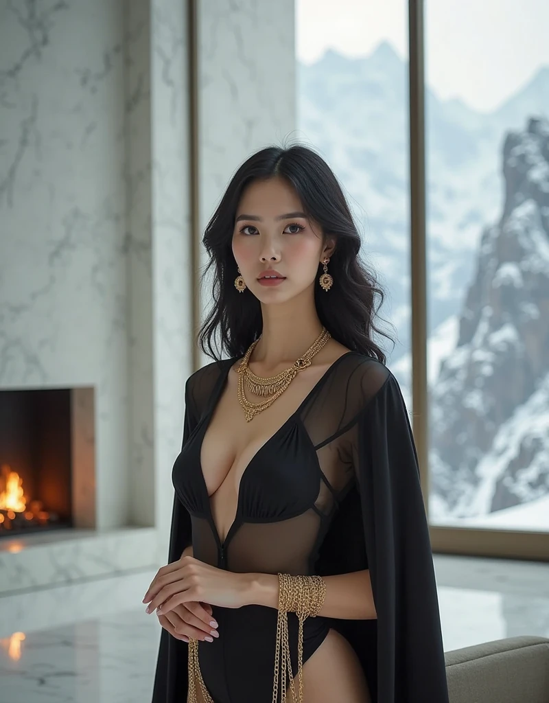 beautiful chic business woman, stately, stately chinese woman, elegant sheer gown, red form fitting dress, long sleeve dress, black pencil skirt, deep v, delicate gold necklace, delicate gold body chains, chic and stylish, stately and mature, powerful executive, delicate bangle, wearing a short cape, busty, beautiful woman, cold lighting, asian woman, cleavage, short cape, gold chain embroidery, brutalist white marble room, gold buckles and chains, bay window, snowy mountain peaks outside, slutty and kinky, body chains, portrait, portrait of a beautiful woman, mountains visible through window, small warm fireplace, bay window, ebony furniture, beautiful and powerful chinese woman, delicate body chains, confident and powerful, gold necklace, seductive and confident, pale skin, brutalist superstructure, vast brutalist room, ((lots of jewelry and chains)), cleavage, black hair, in front of skyline, busty, confident and powerful, stately outfit, slutty dominatrix, snowy brutal mountains outside,
