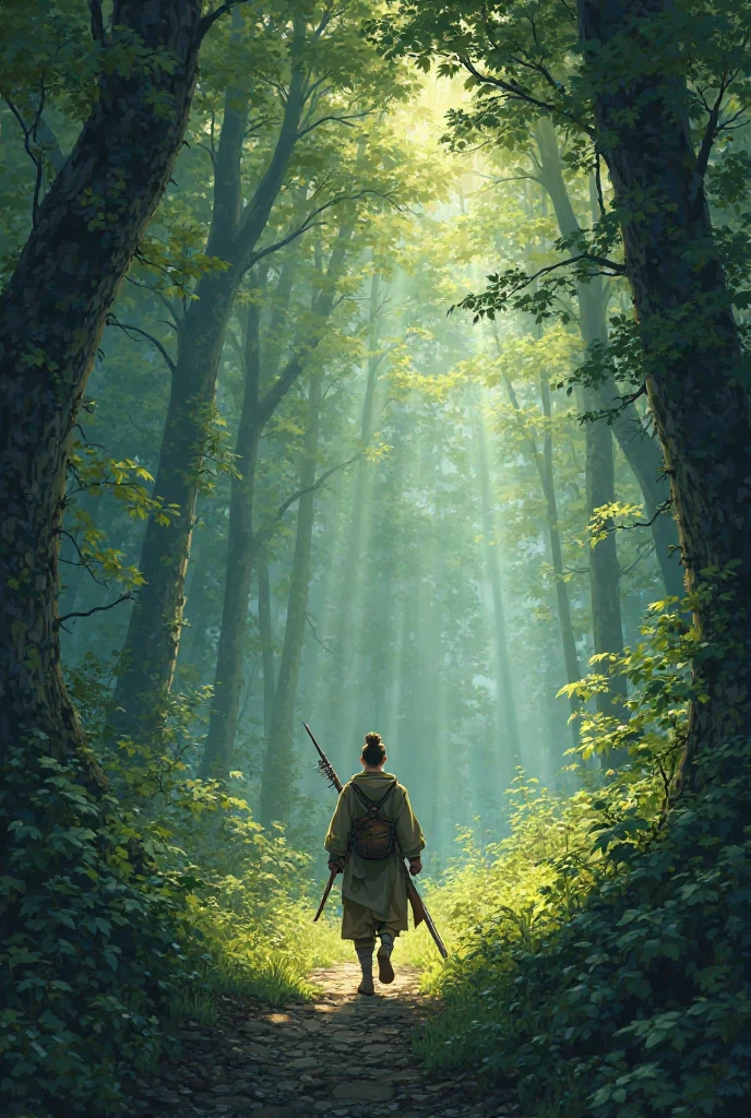 I would like a hunter hunting in a forest in the Ghibli style. The shades of the color of the forest are dark green and with few solar rays. 
