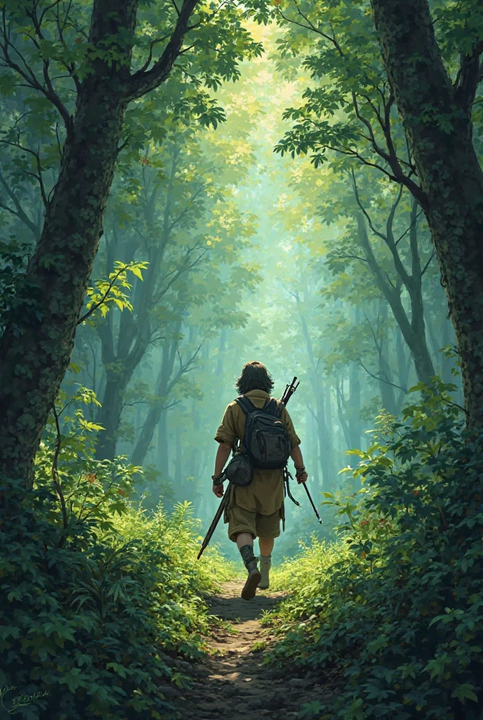 I would like a hunter hunting in a forest in the Ghibli style. The shades of the color of the forest are dark green and with few solar rays. 
