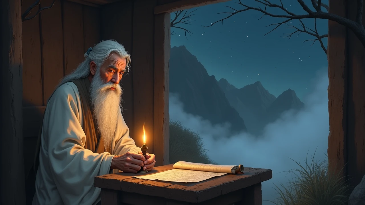 An elderly Eastern sage with long white hair and beard, wearing an ivory robe, lighting an oil lamp inside a small rustic mountain hut at night. Soft amber glow illuminates his face. A scroll lies open on the wooden table. Fog outside the window, stars faintly visible. Peaceful, reflective, deeply spiritual mood.