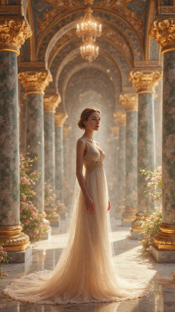 Draw a simple girl just in a luxurious palace