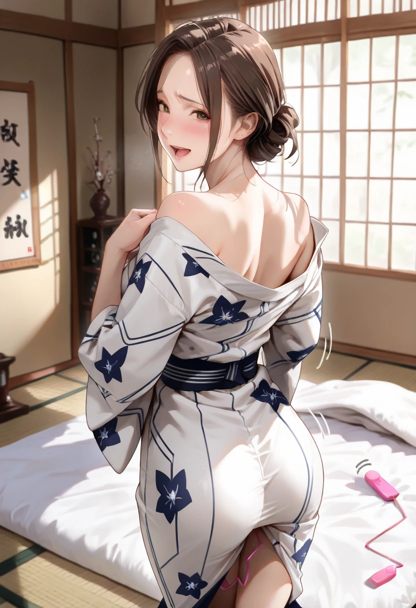 (perfect ???????:1.2)(absurdres, highres, ultra detailed),masterpiece,best quality,high resolution,8k,Realistic face,Realistic skin texture,magnified textures, stunning clarity,(ultra detailed eyes and face),(1 girl:1.5),15 years old,black hair,messy bun,pale skin, mysterious eyes,(White flower-patterned yukata:1.2)(thin fabrik),(light pink obi:1.2),thin body type,big breasts,small ass,(expressionless:1.2)(bashful:1.1),Steampunk in the meiji Period、night、(luxuary room of Japanese Ryokan),look at viewer,,Delicate atmosphere,(on all fours:1.3)