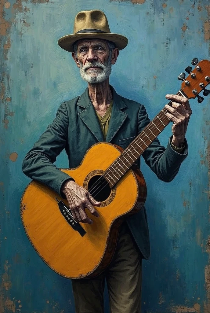 "Transform this photo into an expressionist painting in the style of Pablo Picasso, inspired by 'The Old Blind Guitarist'. Use these specifications:**  

1. **color palette:**  
   - Dominant shades: **deep cobalt blue**, **teal**, **matte olive green** e **slate gray ** (avoid warm or vibrant colors).  
   - Secondary touches: **faded sepia** in areas of "aging" (rosto, hands) e **faded ochre** to mimic the guitar ( if applicable ).  

2. **Lighting and Contrast:**  
   - **reduced brightness** (15-20%) e **minimum saturation** to create a melancholic atmosphere.  
   - **Medium-low contrast** (25-30%) com sombras **azuladas** e **impure black** (use slate black).  
   - Cool, diffused lights (silver or light blue tones) to highlight contours **elongated and angled**.  

3. **Aging and Texture Effects:**  
   - Aplique **deep shaded** nas cavidades do rosto e hands para simular ossatura marcada e idade avançada (maintain the expressionist distortion,  Unrealistic ).  
   - Adicione **rough texture** (as aged canvas or thick brushstrokes) to imitate worn oil painting by Picasso.  

4. **Distortion of shapes:**  
   - Stretch and curve the limbs (**straight and sinuous arms and legs**), com **rosto e hands angulares** (Pointed chin, almond eyes and skeletal fingers).  
   - Maintain posture **corcunda** e a **head tilted down** (if the original pose allows).  

5. **Expressive Details:**  
   - Contour lines **black and irregular** around the figure, as in painting original.  
   - Fundo em **blue gradient** (light in the center to dark on the edges), Using the silhouette of character."