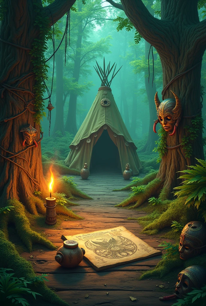 Visual Concept:

Dark background with emerald green details, gold and brown wood.

Forest and jungle elements, type leaves on edges, tochas, musgo, pedras.

Medieval icons to represent bonuses:

 catalog  = Grimoire

Scripts = magic scrolls

Stickers = conversion potions

VIP Group = tent of the Wise Tribe

Avatars = tribal masks

Digital card = badge

Mini site bio = treasure map