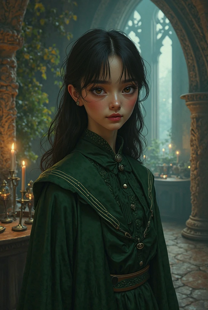 Create a Harry Potter girl from Slytherin for profile image and being more of a Ghibli animation type