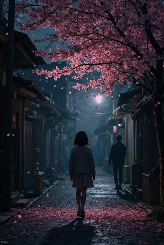 A solitary girl walking through a dimly lit city street at night, cherry blossom petals falling slowly around her. The sky is dark, the scene is bathed in deep black and soft pink. A subtle shadow of a man watching from the alleyway in the background, mysterious and blurred. Moody atmosphere, cinematic lighting, noir style.