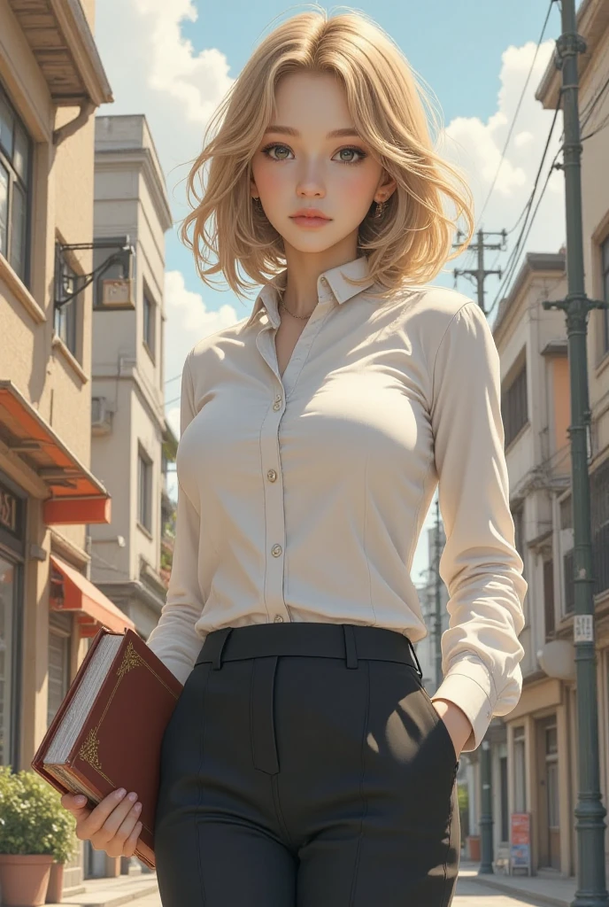 Create a female character with bobbed blond and curly hair, walking around a city, wearing dress clothes white dress shirt and black dress pants, holding books with both hands going to college alone big clothes