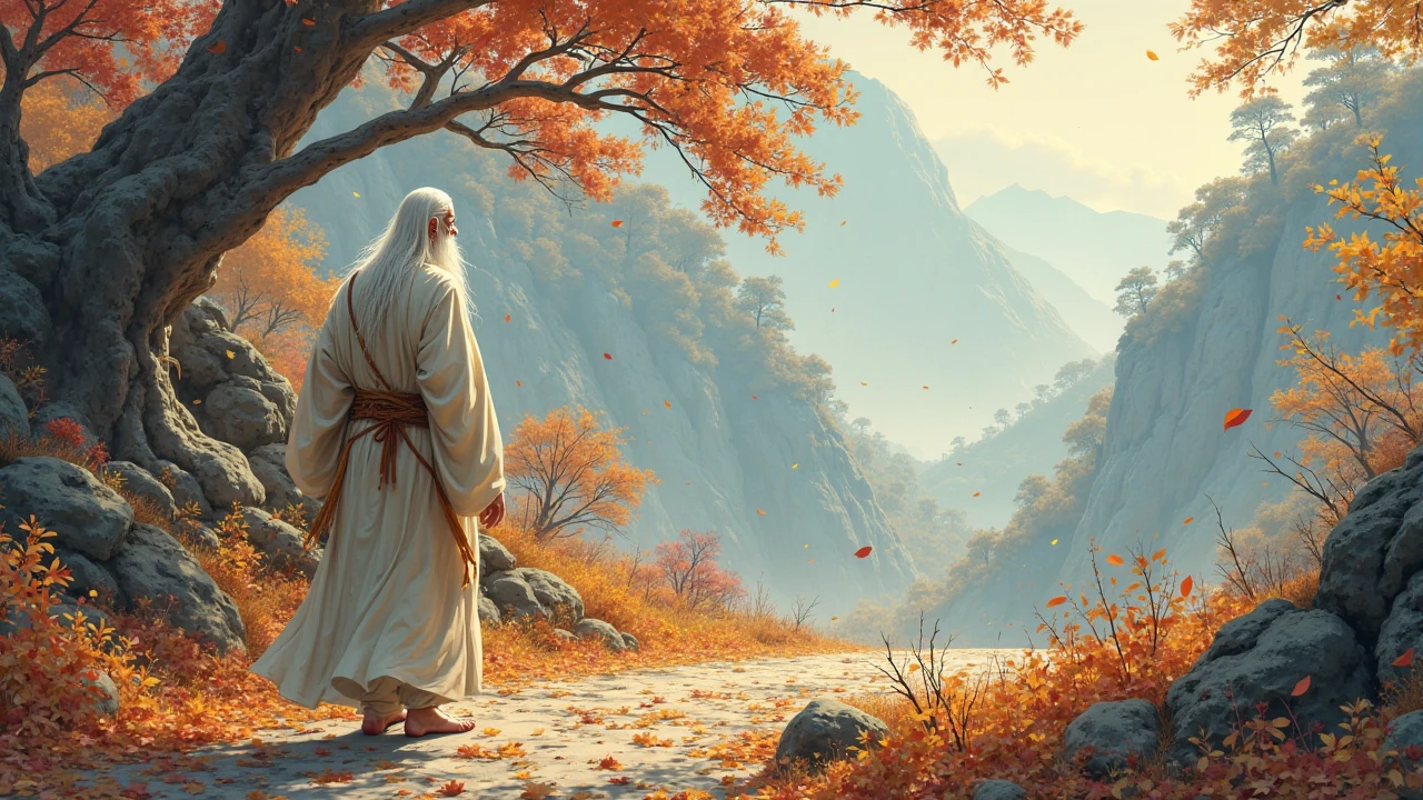 An elderly Eastern sage with long white hair and beard, dressed in an ivory flowing robe, walking slowly along a mountain path covered with fallen autumn leaves. Pine trees line the path, some leaves drifting in the wind. The sage walks barefoot, with hands behind his back, lost in thought.