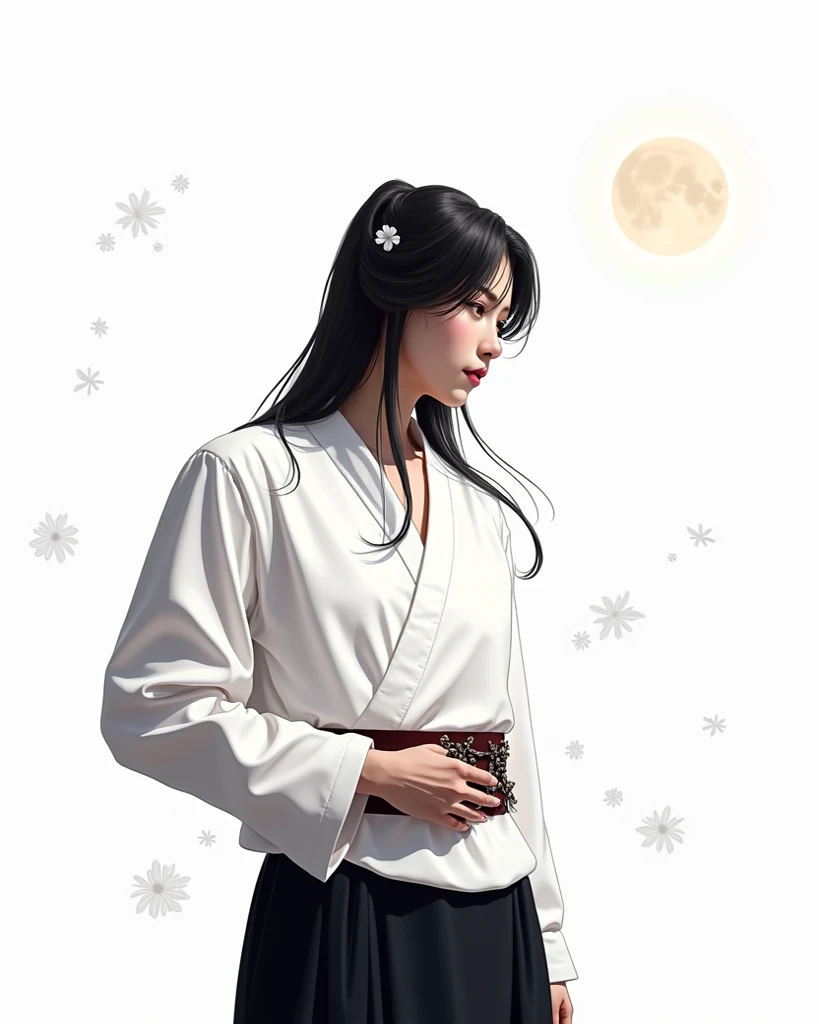 masterpiece, better, night, full moon, 1 female, mature woman,  Chinese style, Ancient China,  big sister , Sister Real, cold face, expressionless, woman with long silver-white hair,   pale pink lips  , calm, intellectual, Three belts, Hitomi gris, murderer, from, flower ball background,  street view 