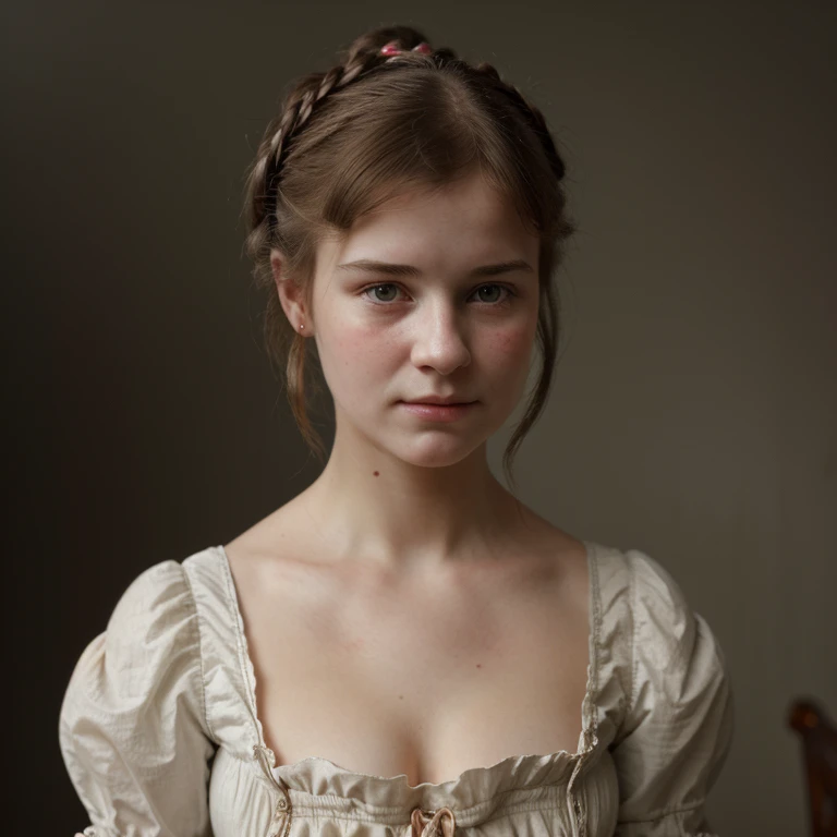 there is a picture of a young girl with a dress on, autochrome pearl portrait, inspired by Henriette Wyeth, a colorized photo, inspired by Laura Theresa Alma-Tadema, colorized background, inspired by Johanna Marie Fosie, sepia toned, in a style blend of botticelli, inspired by Hilde Goldschmidt, color studio portrait, color portrait