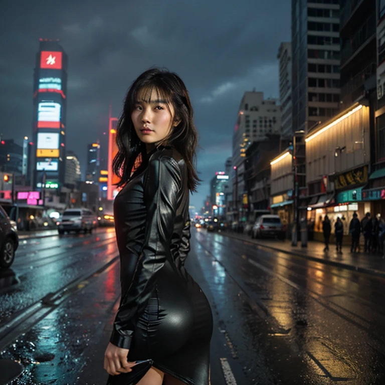 Prompt: "A dystopian future highway at night, with flying cars zooming past and neon-lit skyscrapers in the distance, inspired by 1980s cyberpunk. A japanese female replicant with a sleek, artificial look stands on the side of the road, wearing a tight black bodycon dress with gold accessories, her hair in a side-swept wavy style. She gazes at the city with a wistful expression, rain falling around her."