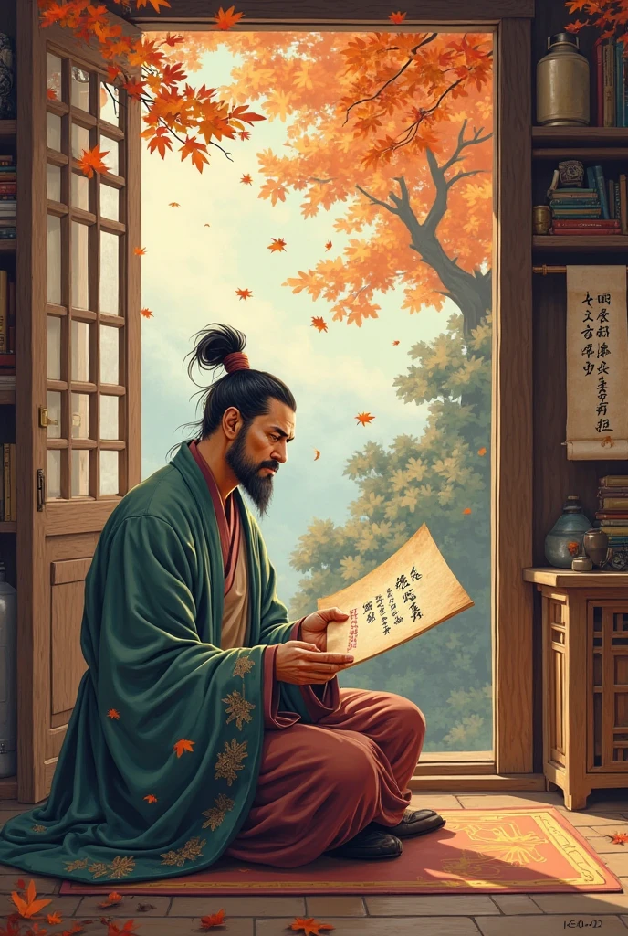 An ancient Chinese poet looked at a letter his wife sent him，They are far away but can't see each other，I don't know when I'll meet，autumn， comic style