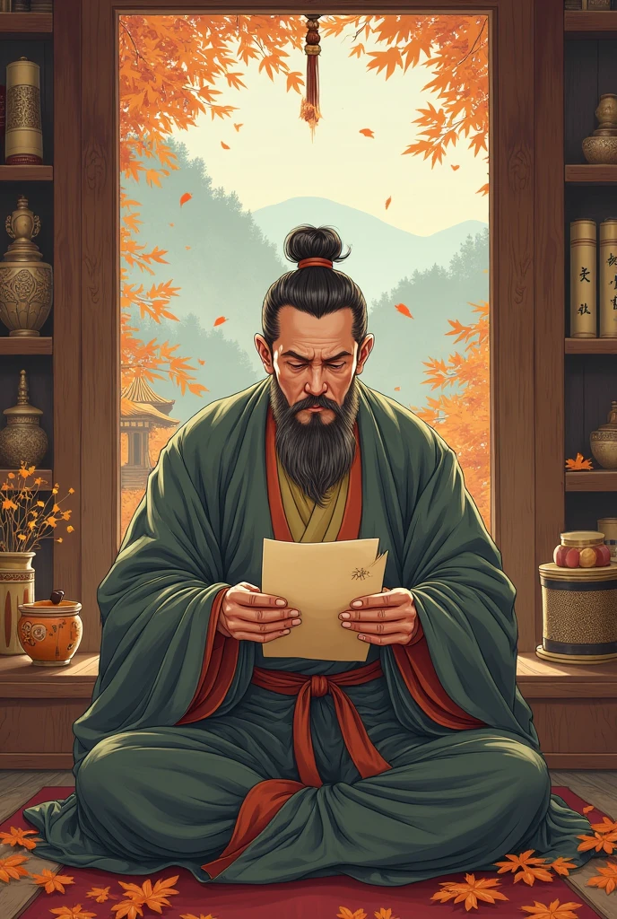 An ancient Chinese poet looked at a letter his wife sent him，They are far away but can't see each other，I don't know when I'll meet，autumn， comic style