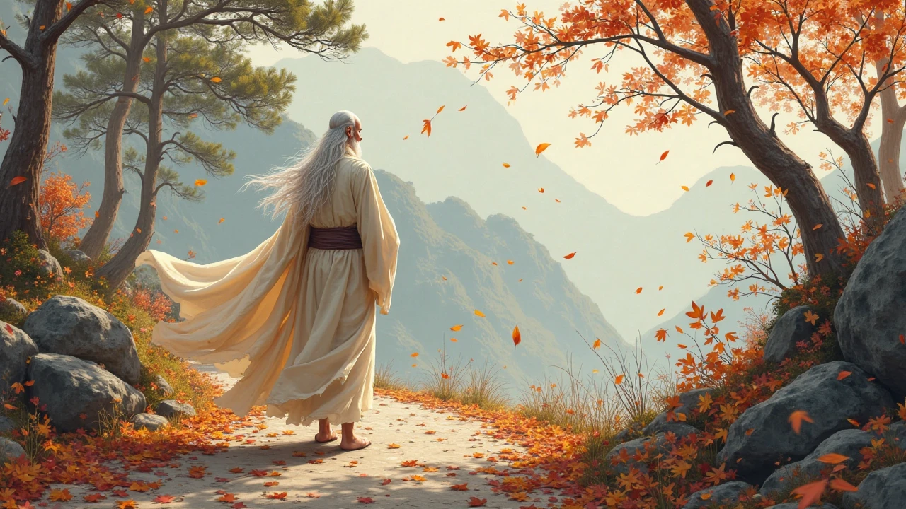 An elderly Eastern sage with long white hair and beard, dressed in an ivory flowing robe, walking slowly along a mountain path covered with fallen autumn leaves. Pine trees line the path, some leaves drifting in the wind. The sage walks barefoot, with hands behind his back, lost in thought.