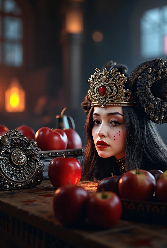 ((RAW Photo), absurd, (absurdresolution)), masterpiece, best quality, (Extremely detailed 8k unity CG wallpaper), (best illustration), (best shadow), Realistic lighting, beautiful detailed glow, ((21 years old)), girl, long black hair, black queen, accessories, apple in hand, poisoned apples, witch queen, red lipstick, (((Photographic Perspective of her)))