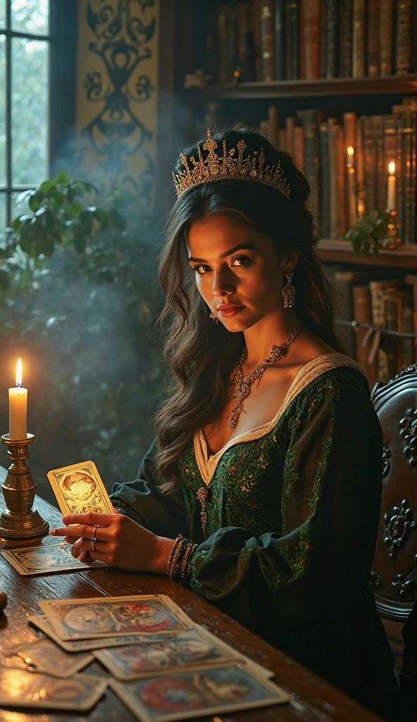 [INT. AN OLD PARLOR – NIGHT]

SOUND: The soft crackle of burning candles. A faint, eerie breeze brushes against tall arched windows.

CAMERA: A slow tracking shot glides across the room — richly decorated with ancient books, gothic furniture, and golden candleholders. Wisps of mystical smoke drift through the air, wrapping the scene in a veil of mystery.

NARRATOR (V.O., deep and enigmatic):
"In a world where fate is not chosen, but … one woman holds the key to all that is hidden."

CUT TO:

CLOSE-UP of the MYSTERIOUS WOMAN, seated at an ornate wooden table lined with antique tarot-like cards.
She wears a flowing gown in black, green, and white, with vibrant green details that shimmer like enchanted silk. The style evokes the grace and mystery of a Romani seer, noble and otherworldly. A crown rests on her head, and her jewelry glints like ancient magic in the candlelight.

The air is dense with smoke, rising slowly around her like whispers from the other side.

She is staring directly forward — eyes fixed with piercing intensity, as if looking straight into the camera… into the eyes of the one who dares to seek answers. Her gaze is deep, unwavering — as though she sees the soul behind the lens.

NARRATOR (V.O.):
"She does not predict the future… she reveals what has always been written."

SOUND: A soft metallic chime echoes.

ACTION: Slowly, she raises a single card. As she does, a powerful light bursts forth from it, brilliant and blinding — casting golden beams that cut through the smoke, illuminating her face and surrounding shadows with an almost divine glow.

CLOSE-UP: The card in her hands glows intensely, radiating a mystical energy that seems to pulse with truth.

WIDE SHOT: The room awakens. Candles tremble, shadows dance wildly on the walls. The green of her gown gleams like emerald fire, feeding off the card’s radiance.

WOMAN (soft, commanding — still staring straight ahead, eyes locked on the viewer):
"Are you ready… to know what awaits you?"

