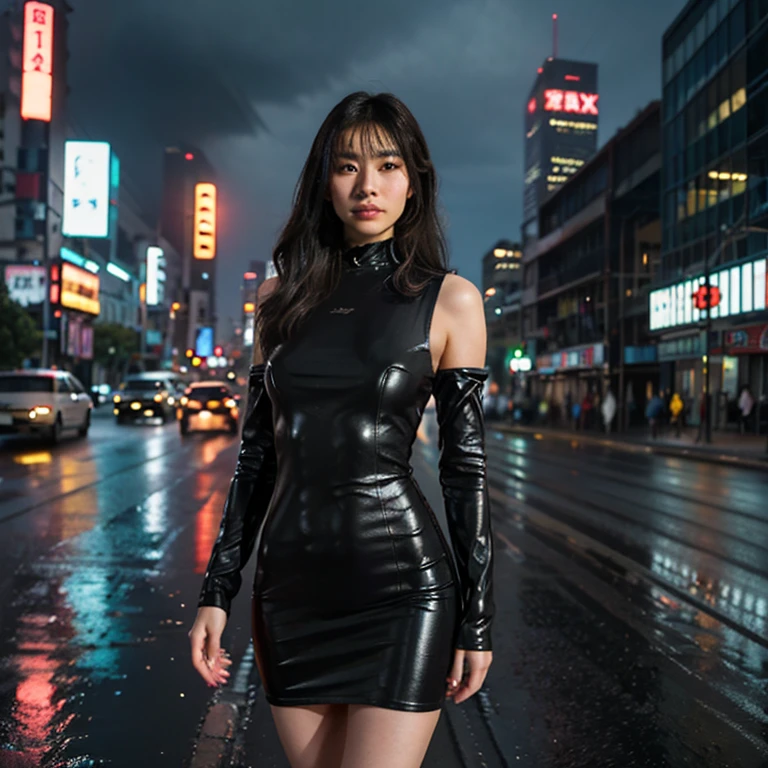 Prompt: "A dystopian future highway at night, with flying cars zooming past and neon-lit skyscrapers in the distance, inspired by 1980s cyberpunk. A japanese female replicant with a sleek, artificial look stands on the side of the road, wearing a tight black bodycon dress with gold accessories, her hair in a side-swept wavy style. She gazes at the city with a wistful expression, rain falling around her."