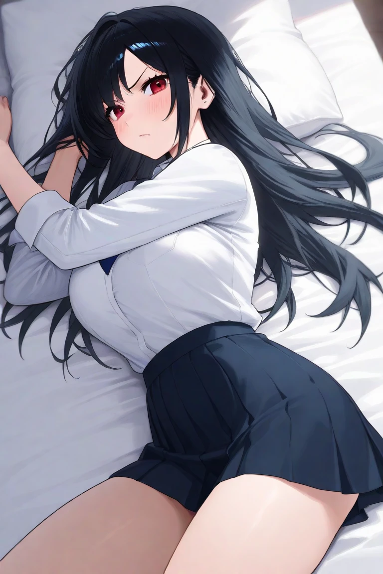 One Girl, Textured skin, High resolution, Anatomically correct, On the bed,Thighs,Raise your arms,sleeping face,((Sleeping in bed)),((Sleeping on your stomach)),back,Black Hair, uniform,skirt