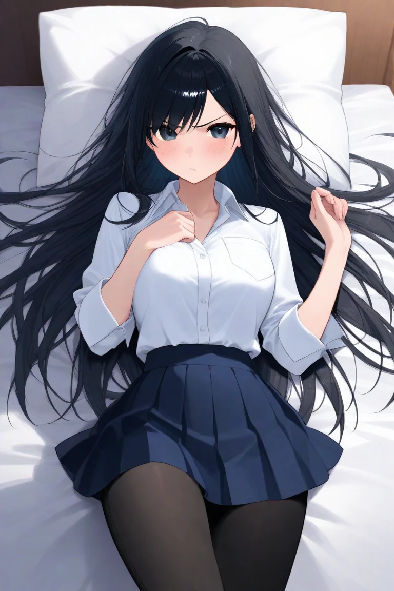 8K, Attractive, intensely detailed, 20 Year Old Girl, sexy and attractive woman with dark, black hair. She has beautiful sky-blue eyes with a heart inside. She is wearing a white shirt and a blue miniskirt, emphasizing her waist. The girl herself is lazily lying on the bed with her back up, because of which her skirt is lifted up and from under the skirt we see sexy, black lace panties with bow. This high-quality, high-definition image will give you a shocking visual experience.
