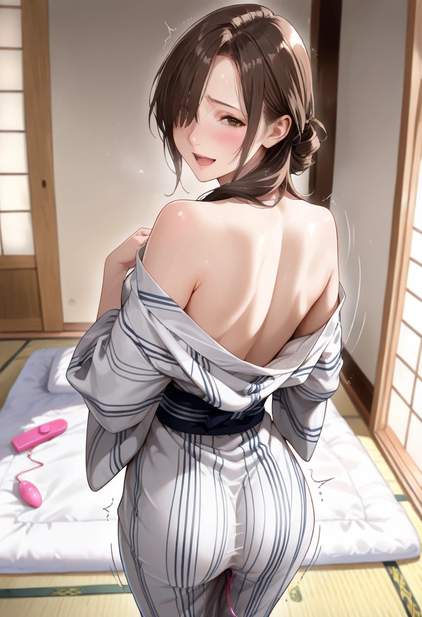 masterpiece, Highest quality, so beautiful, Absurd, Latest, One Girl, Unbuttoned kimono,Small breasts,panties,Sweat,Inn changing room, alone, shout, v eyebrows, Black Hair, View your audience, ponytail, Long Hair, sword, kimono, arms, Similarly, blush,hair ornaments, bangs, Shine