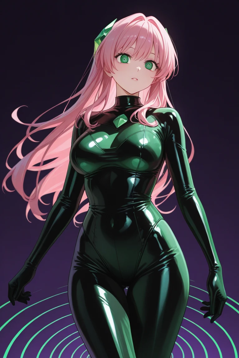 highest quality、Realistic、girl、zoom、Emerald green eyes、Pink long curly hair、Black Hero Suit、Glossy bodysuit、Brown black skin、slender、Dark Skin、Large Breasts、Bust Shot、From below