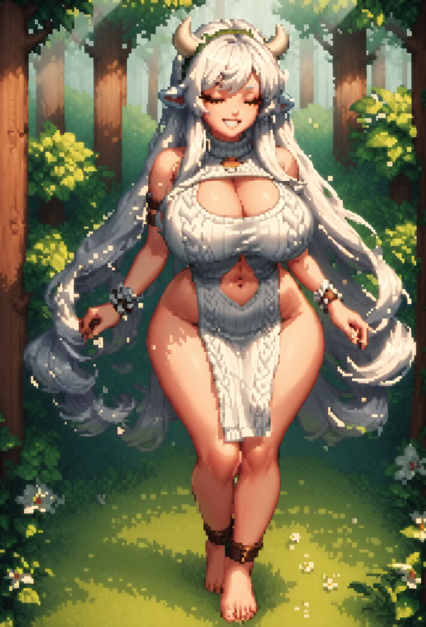 Arctic wolf, female, long messy white hair, huge hips, huge thighs, plump, voluptuous,huge breasts, belly rolls, fat arms, fat legs,fat rolls,fat neck, , beautiful, eyelashes, gorgeous, feminine,big and chubby body, robe,huge breasts, nipple outline , flat belly, huge hips