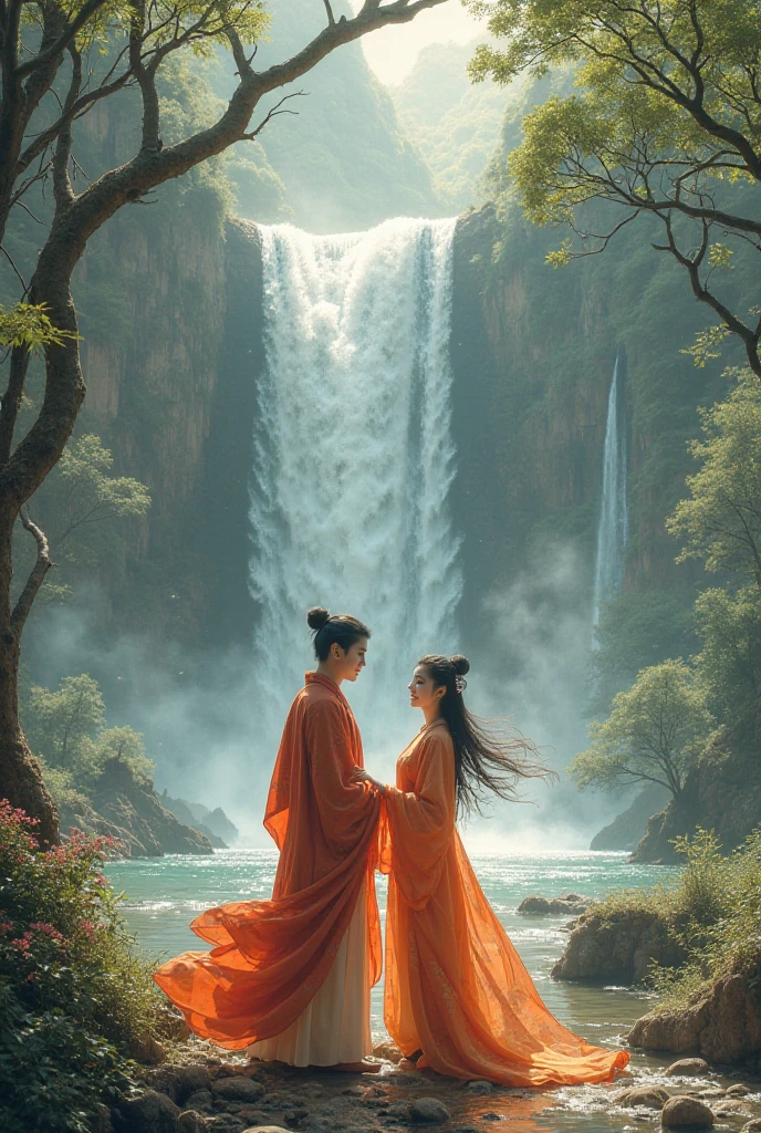 duo, 1 hmong female, 1 han male, out at a waterfall having fun,concept art, high quality, romantic, ancient masterpiece, xianxia