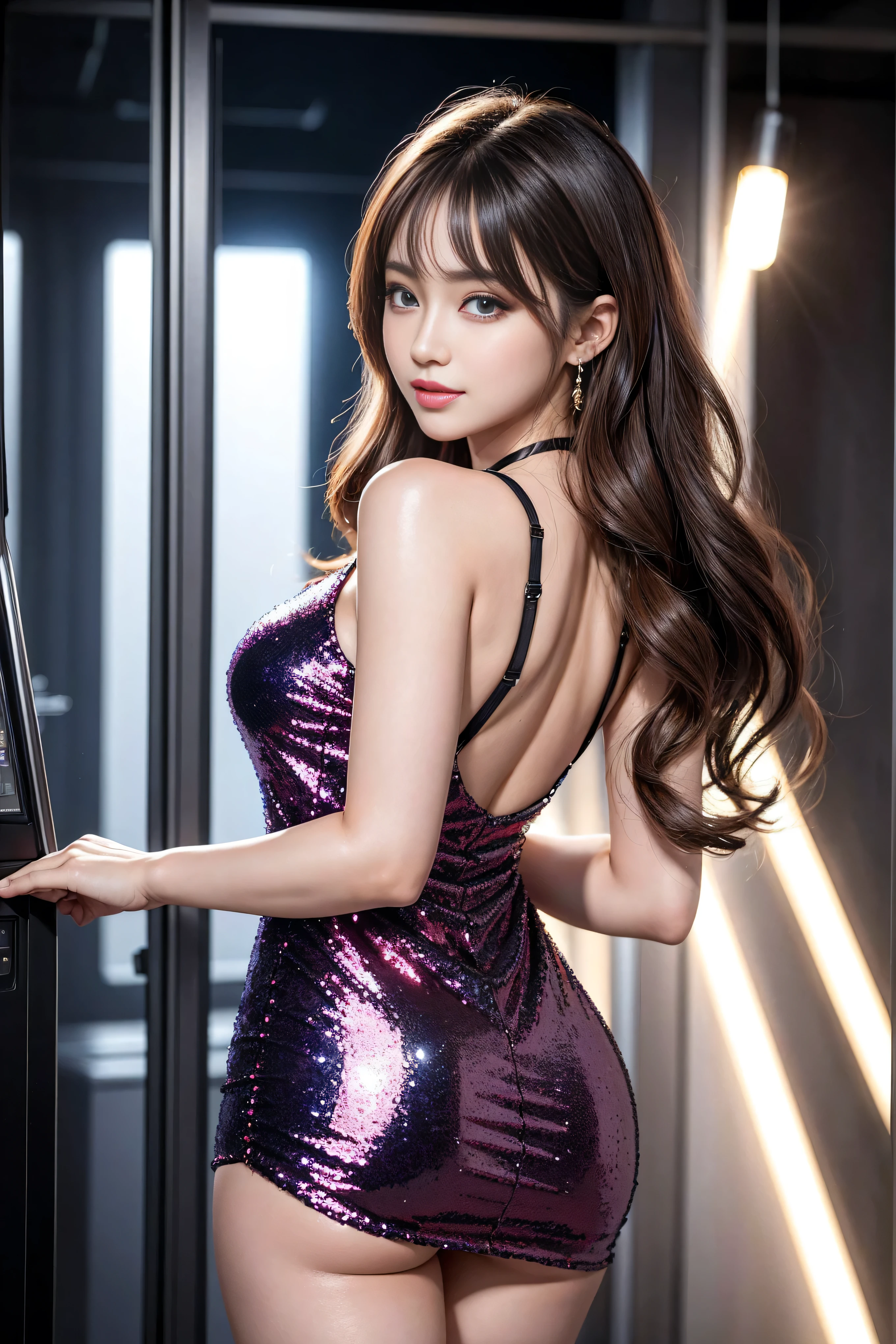 8k, masterpiece, original photo, best quality, Realistic, Extremely detailed CG unified 8k wallpaper, Depth of Field, Light, Lens Light Halo, Light line tracing, (Extremely beautiful face, Beautiful lips, beautiful eyes), Intricately detailed face, ((Ultra-delicate skin)) 1 girl, in the darkness, Deep Shadows, Beautiful Korean girl, K-Pop Idol, 1 girl, (Very slim slender fit-muscled body:1.3), ((Looking at the audience)),(A bright smile:1.3), (Hot Pink Shirt), (sleeveless) , (Fashion City Night, Night, (Neon), (Blurred background), Fashion Street Night),(No one in the background:1.3), Beautiful earrings, bracelet, necklace, Pantyhose, Clear eyes, walk, (Pale skin), (big eyes), Facing forward, ((Upper body shot)), ((Dress in silk color:1.3)),(Brown hair),((tight fitting Lace dress)), (Lace dress), (see through), (Looking at the audience:1.3) Open the breast, Very slim, Medium breasts, Look back,((Back Shot)), see through, Medium butt
