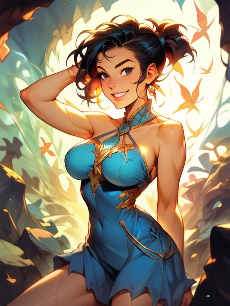 (in 8K、top-quality、​masterpiece:1.2)、1人の女性、(Smiling smile:1.1)、beautidful eyes、Valley、The upper part of the body、shorth hair、Like a boy、Colossal tits、Purple View、